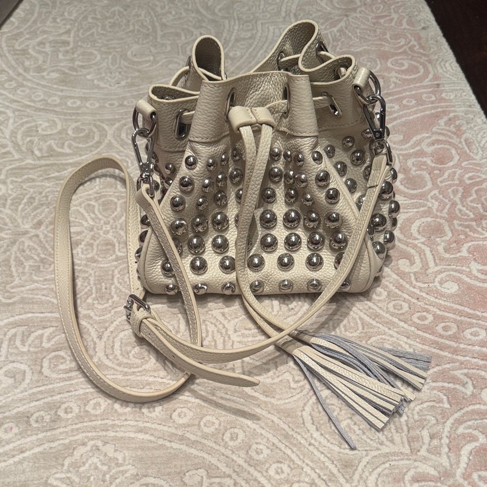 Studded Cream Leather Bucket Bag